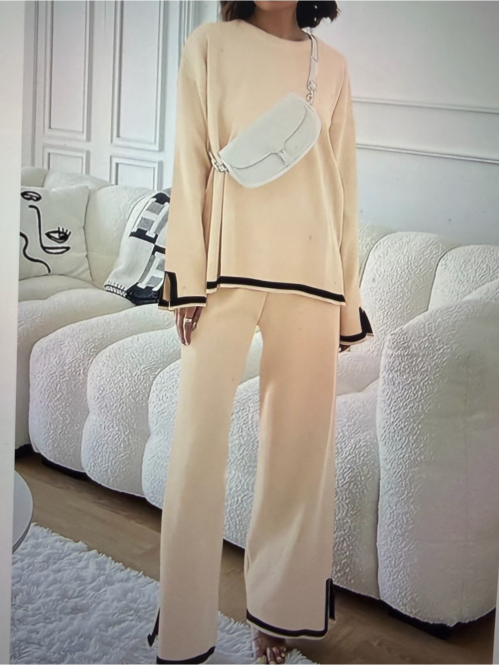 Women's Cream Two-Piece Wide-Leg Sweater Set with Black Trim - NWT -Size XXL